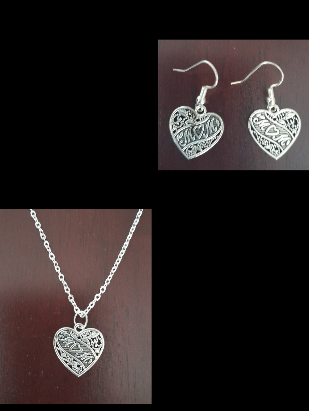 Silver Heart Mom Pendant Necklace and Earrings Set